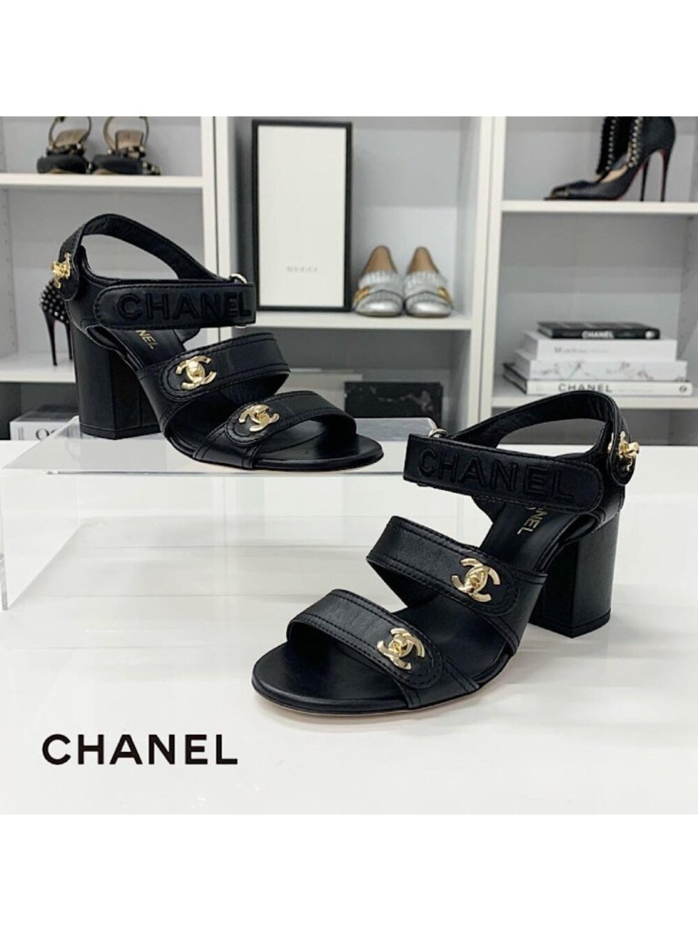Chanel CC Logo Turnlock Velcro Strap Leather Sandals